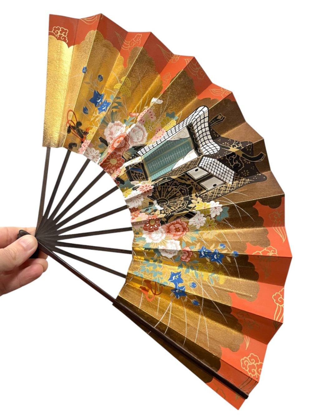 Vintage Handheld Japanese Folding Fan Sensu in Gold and Coral with Floral Motif